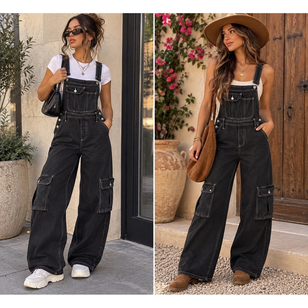 Forever 21 Black Denim Cargo Overalls Wide Leg Contrast Stitch Small